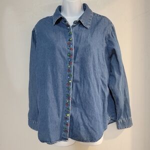 Nut Cracker Vintage Women's Large Blue Jean Denim Long Sleeve Christmas Shirt